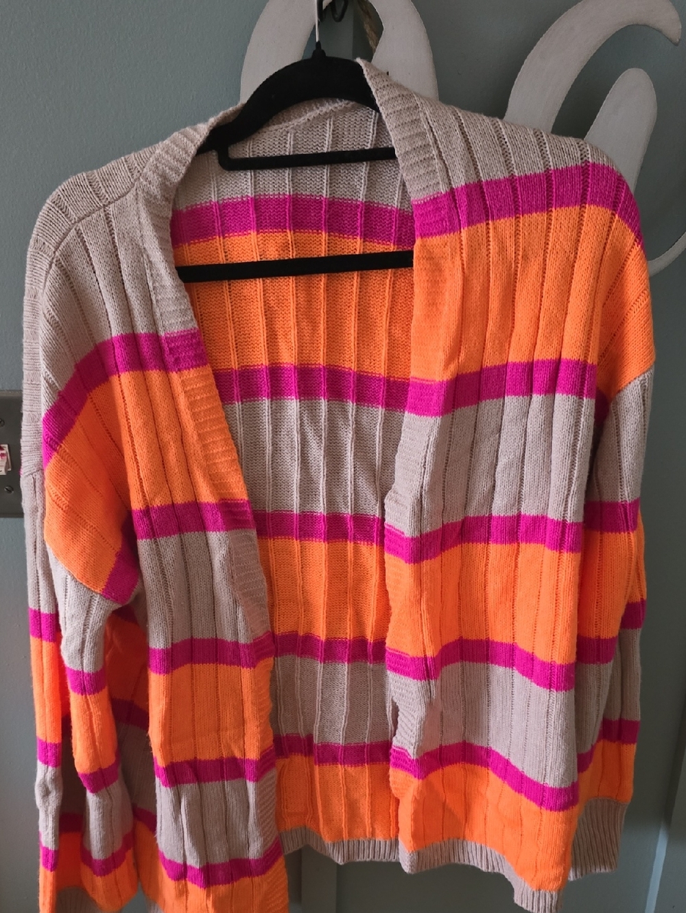 Boutique Beige Striped Open-Front Sweater Cardigan with Orange and Pink Accents